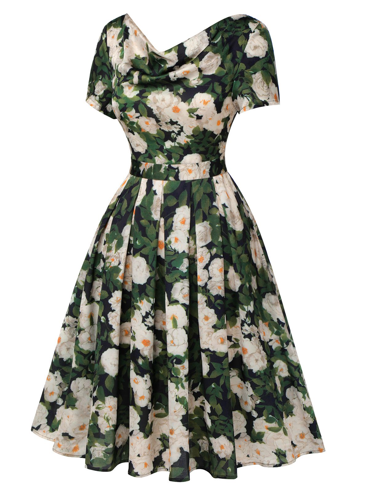 Green Cowl Neck Painting Flower Dress