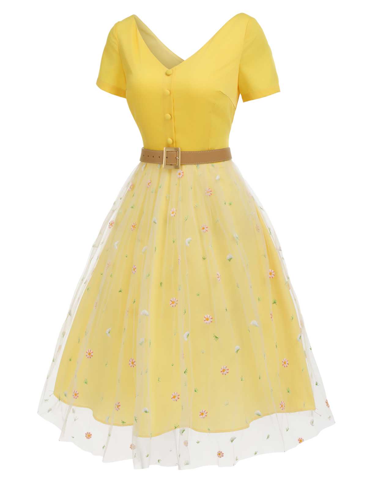 Yellow V-Neck Daisy Mesh Dress