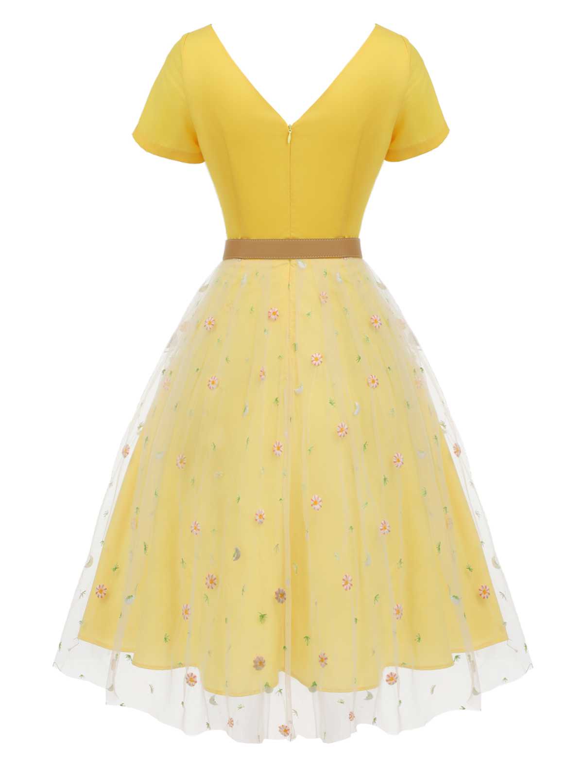 Yellow V-Neck Daisy Mesh Dress