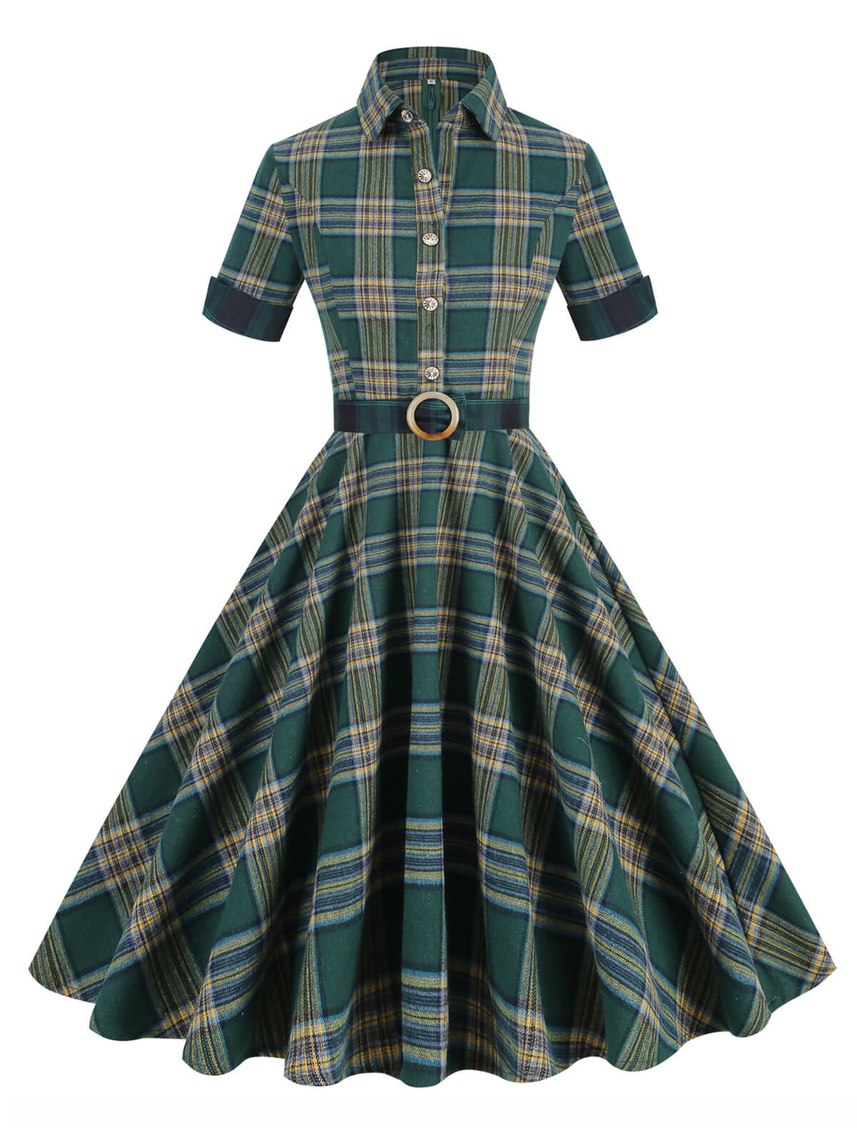 Dark Army Green Lapel Plaid Dress