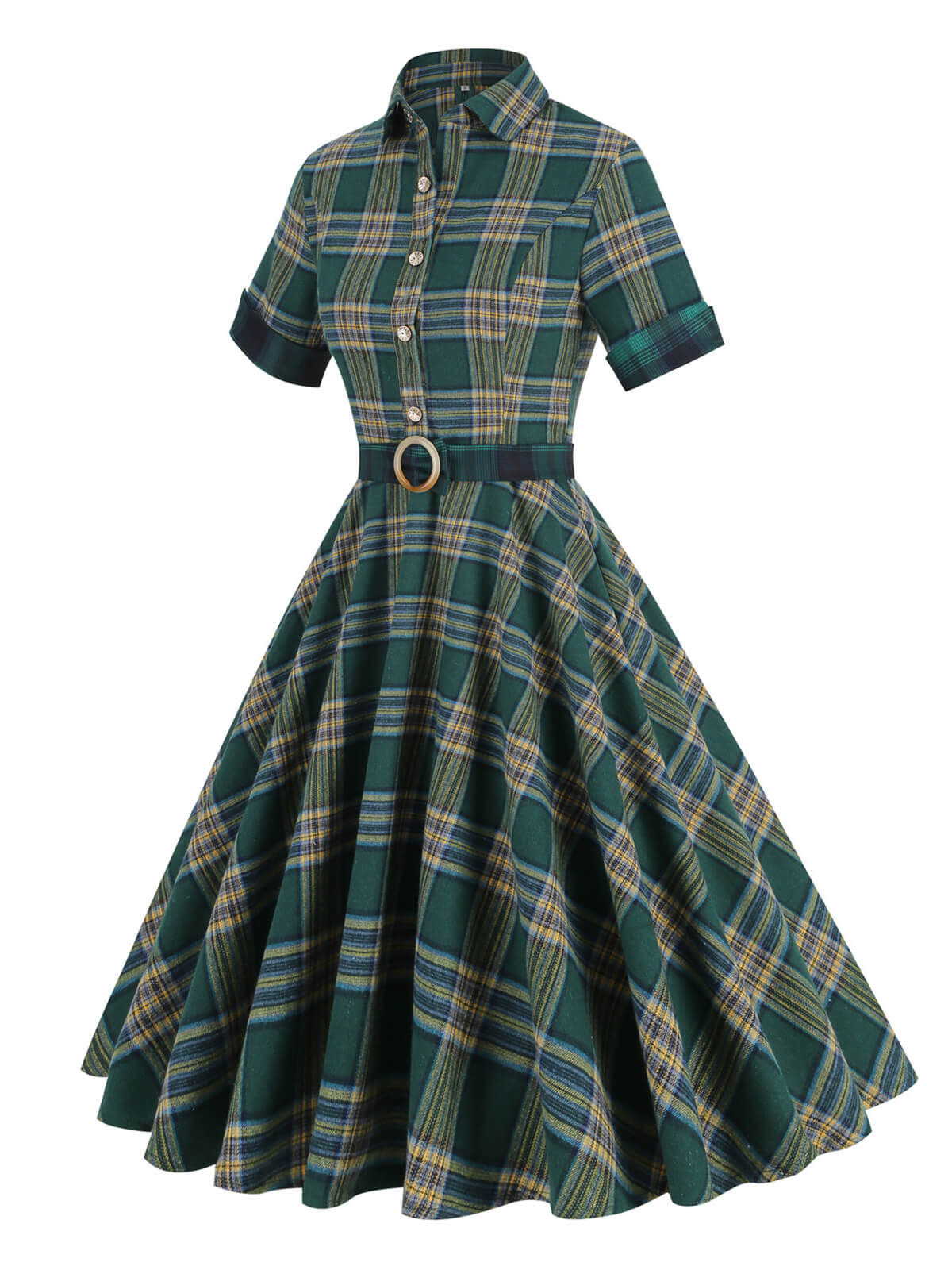 Dark Army Green Lapel Plaid Dress