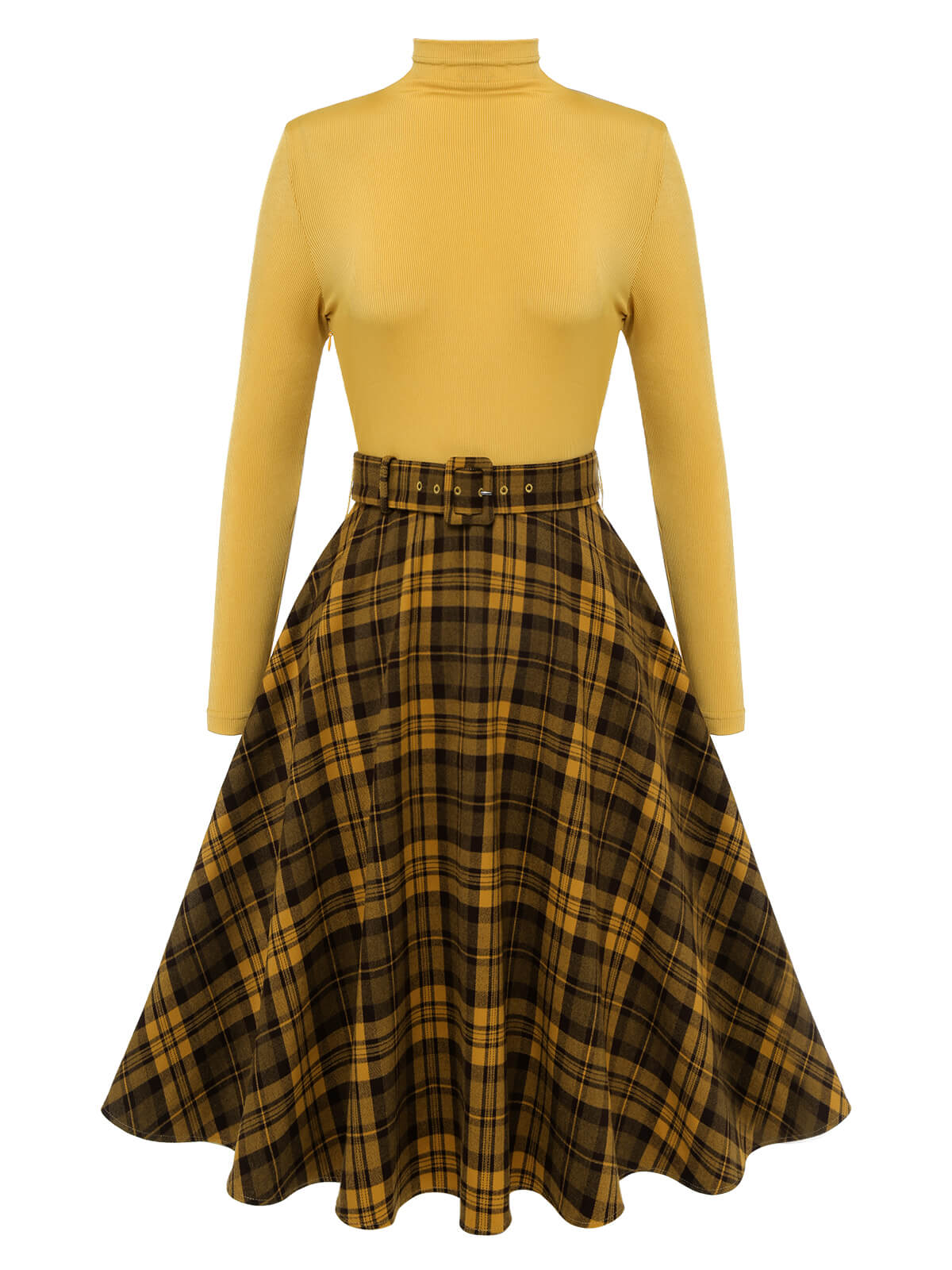 Yellow Plaid Turtleneck Belted Dress