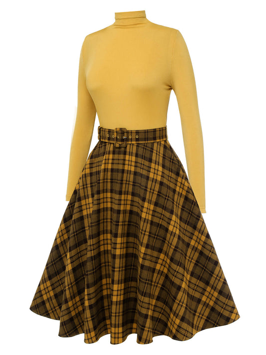 Yellow Plaid Turtleneck Belted Dress