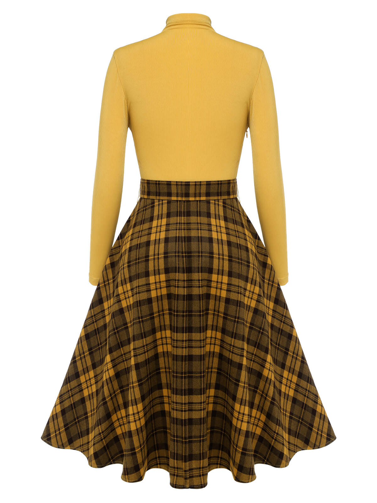 Yellow Plaid Turtleneck Belted Dress