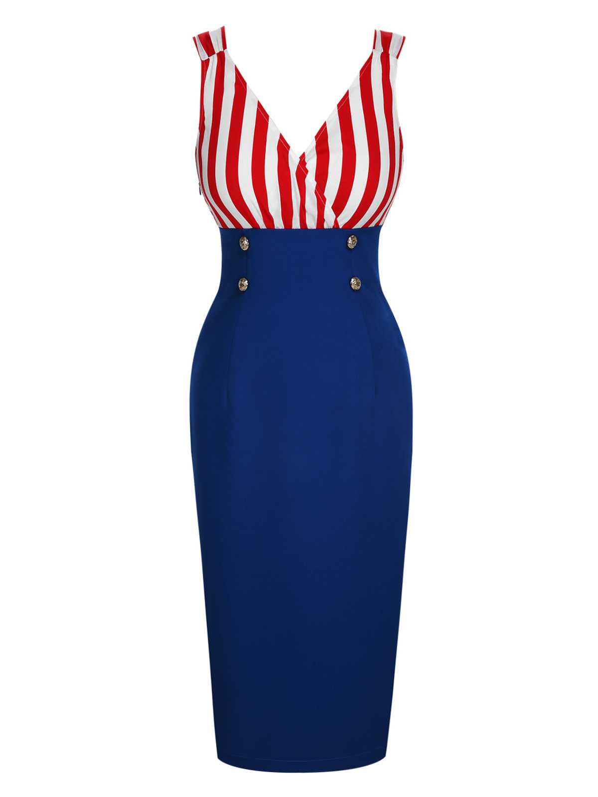 V-Neck Red Blue Contrast Stripes Dress