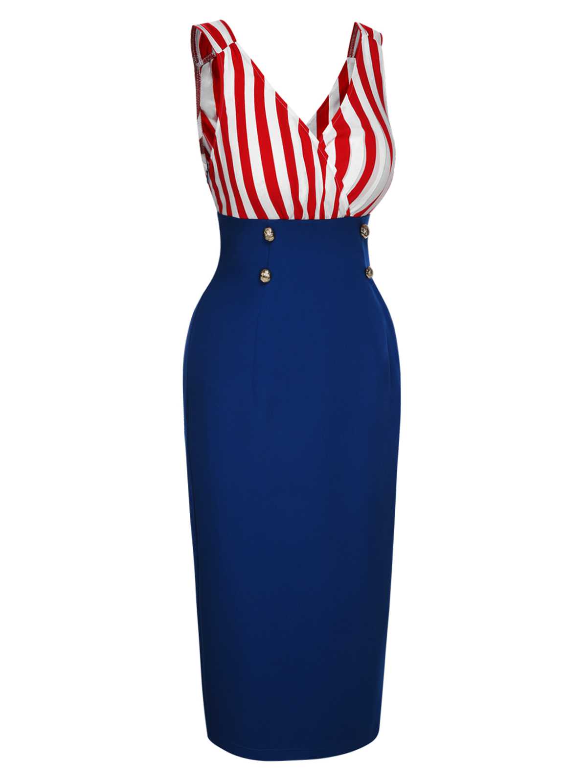 V-Neck Red Blue Contrast Stripes Dress