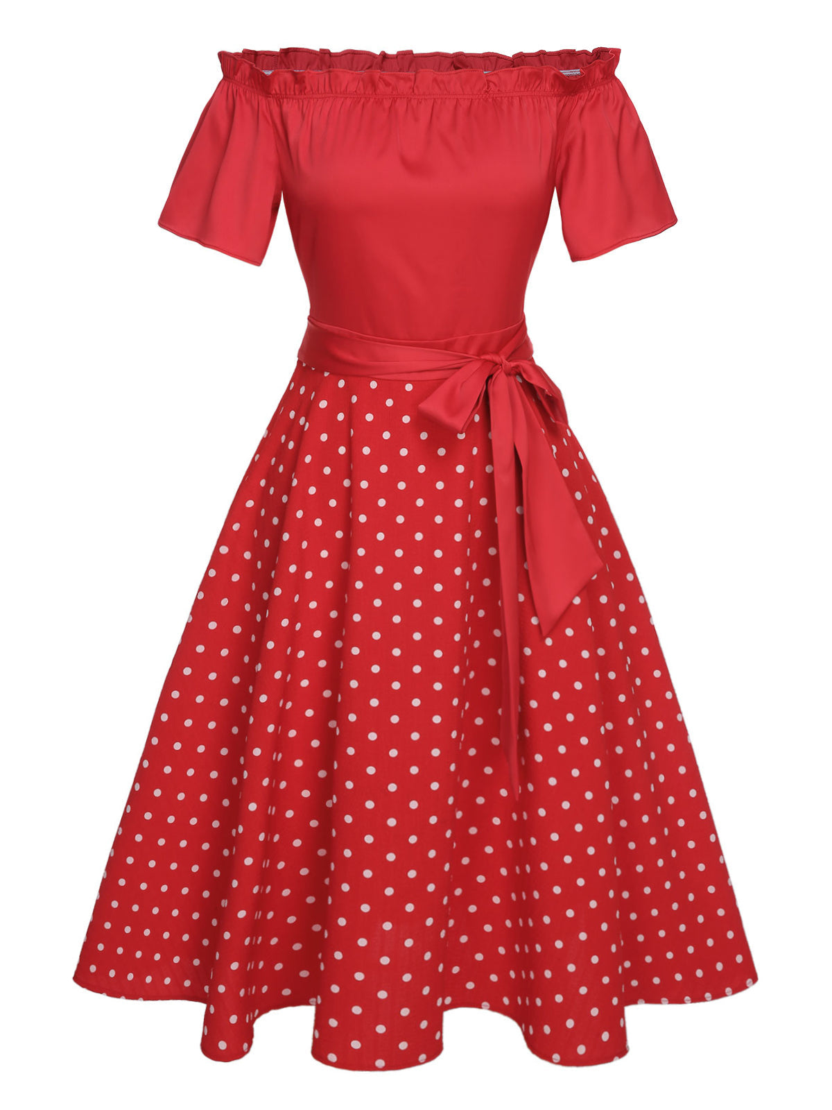 Red Off-Shoulder Polka Dots Belted Dress