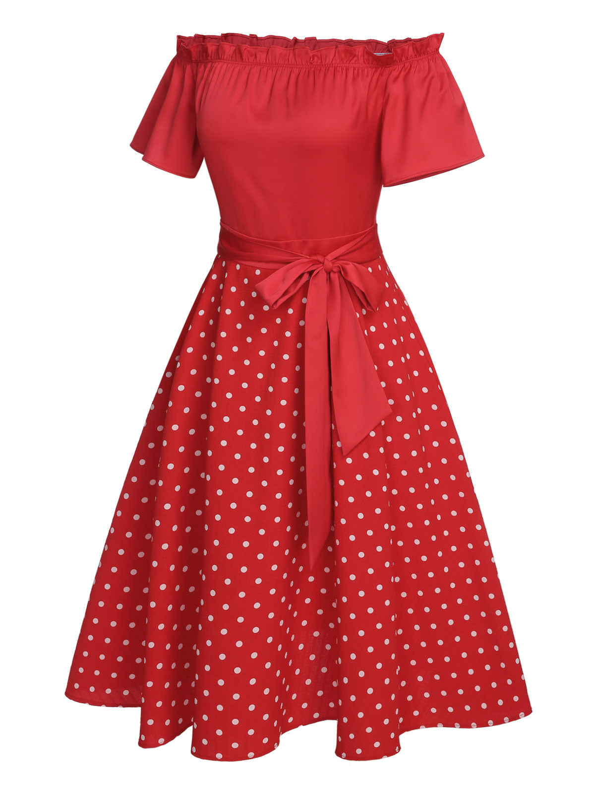 Red Off-Shoulder Polka Dots Belted Dress