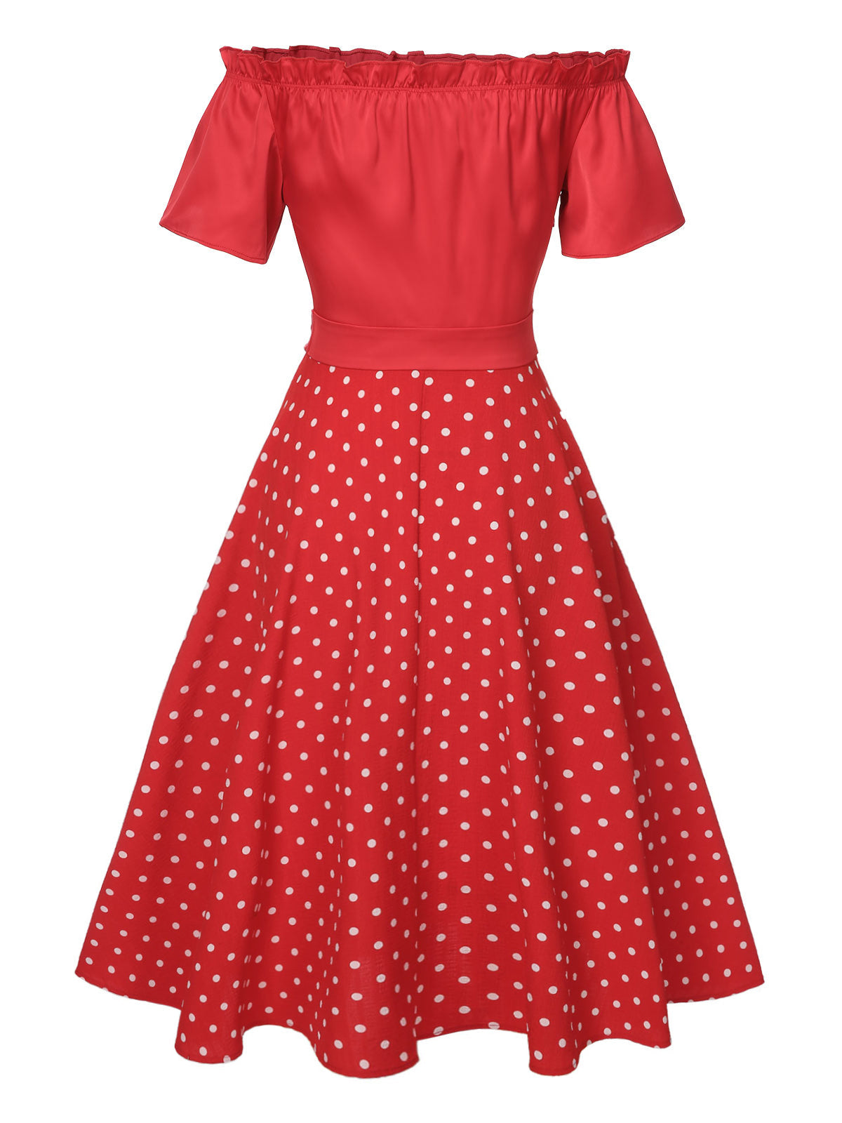 Red Off-Shoulder Polka Dots Belted Dress