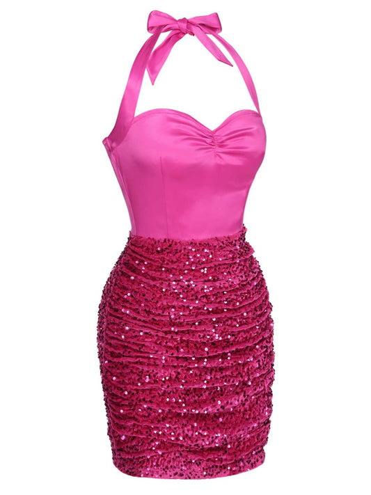 Pink  Halter Sequined Wrap Dress