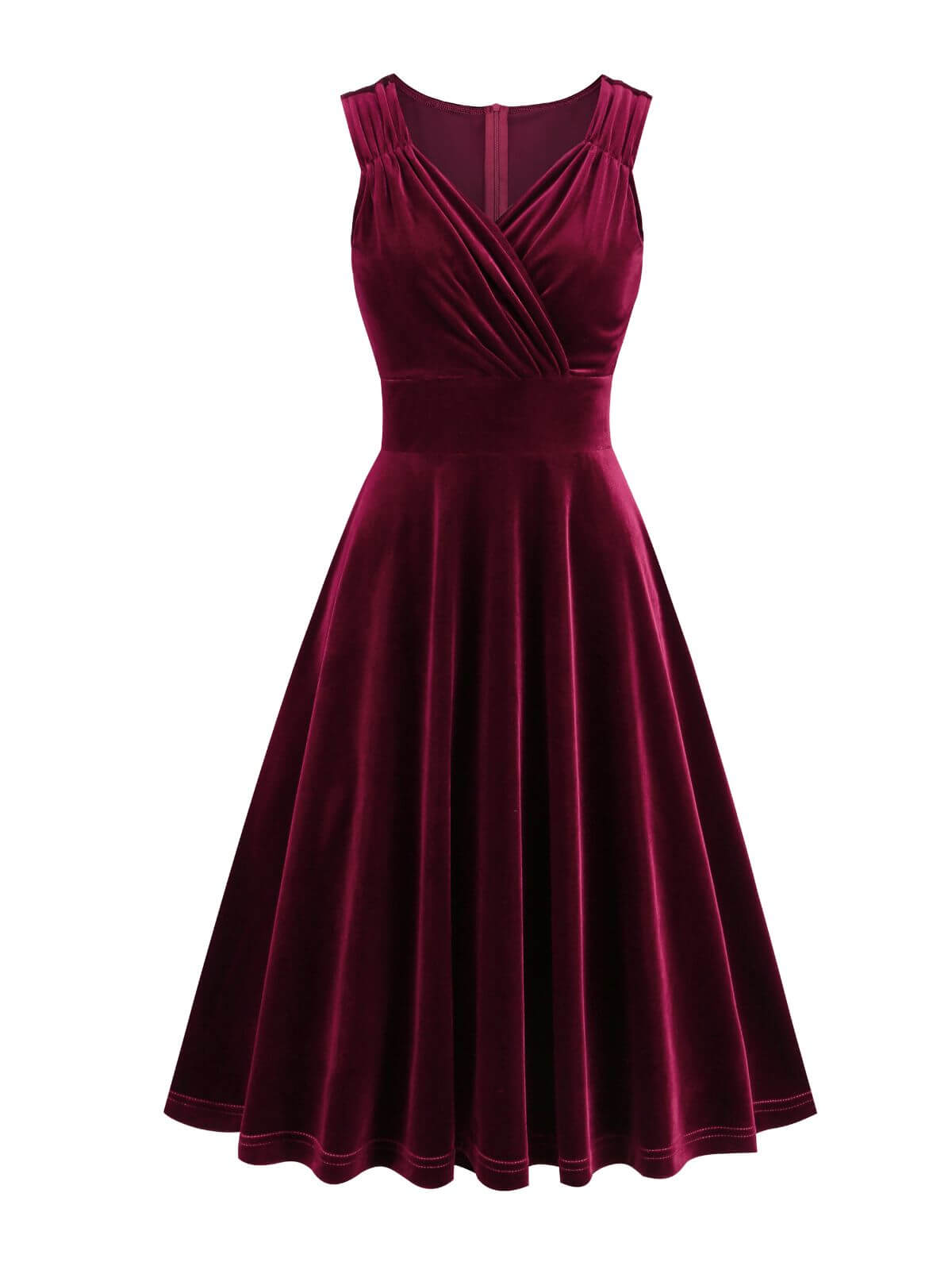 Solid V-Neck Pleated Velvet Dress