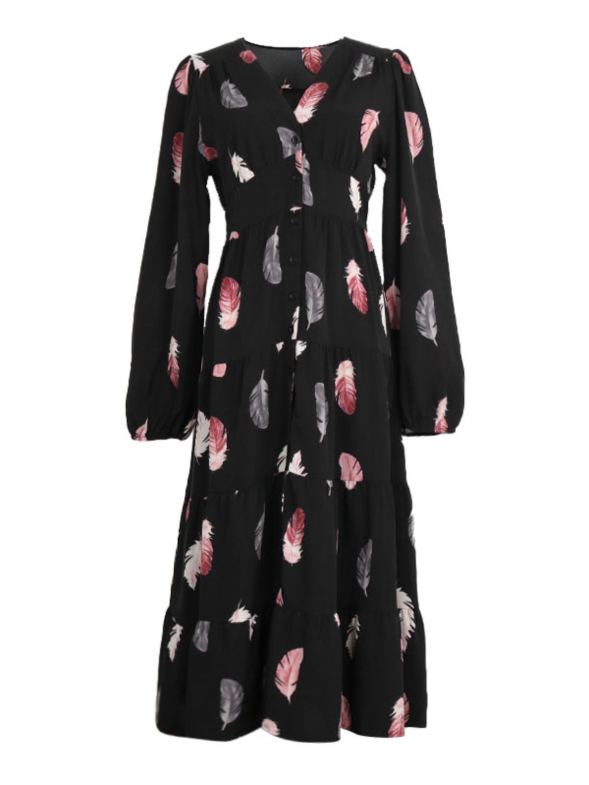 Black Feather V-Neck Buttoned Dress