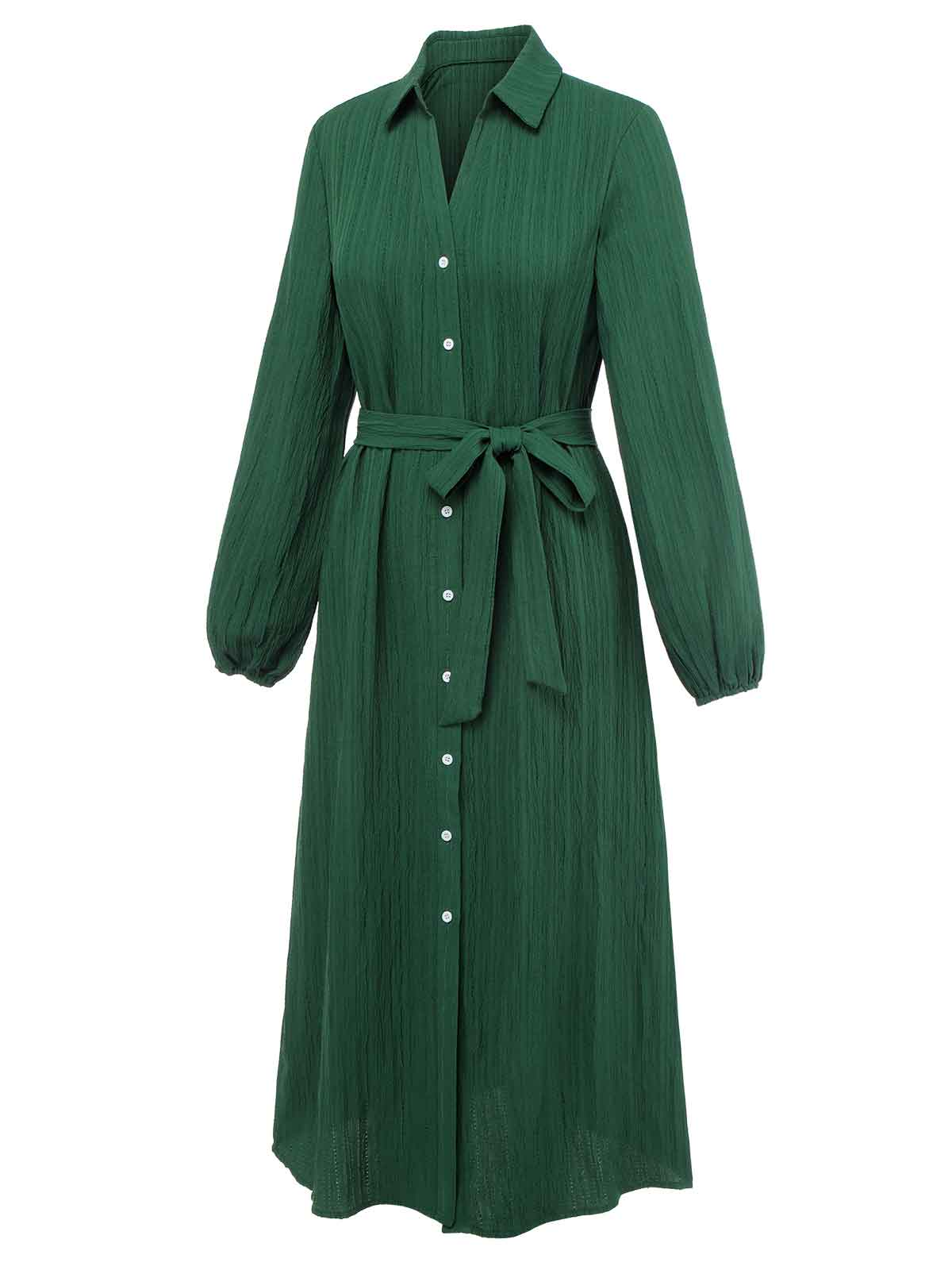 Green  Lapel Loose Belted Dress