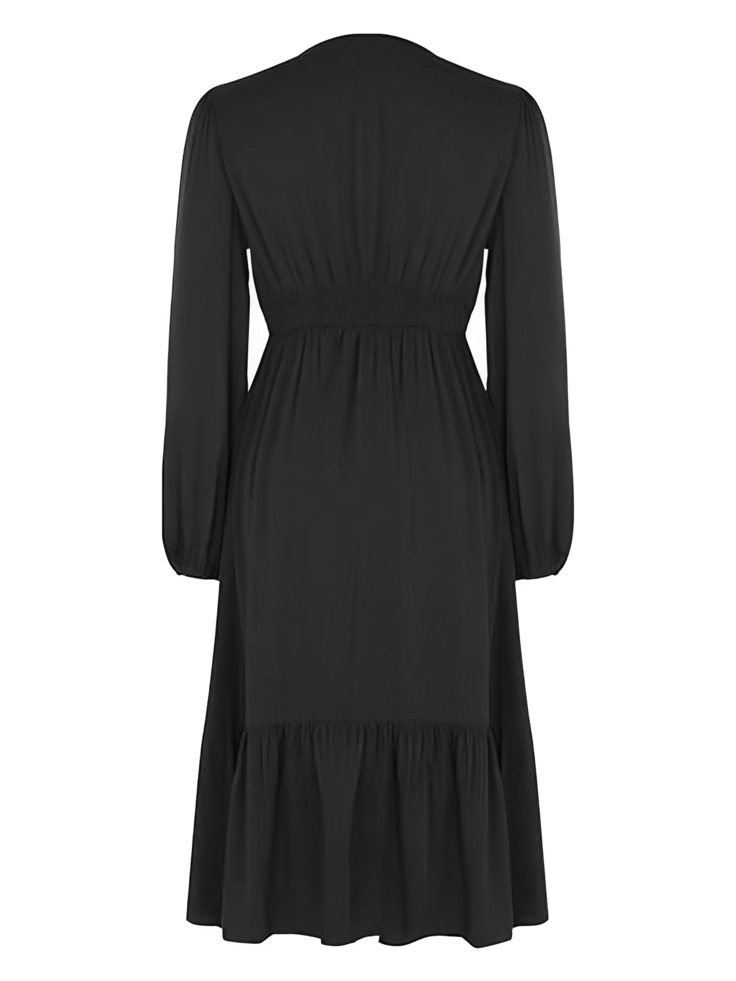 Black  V-Neck Puff Sleeve Solid Dress