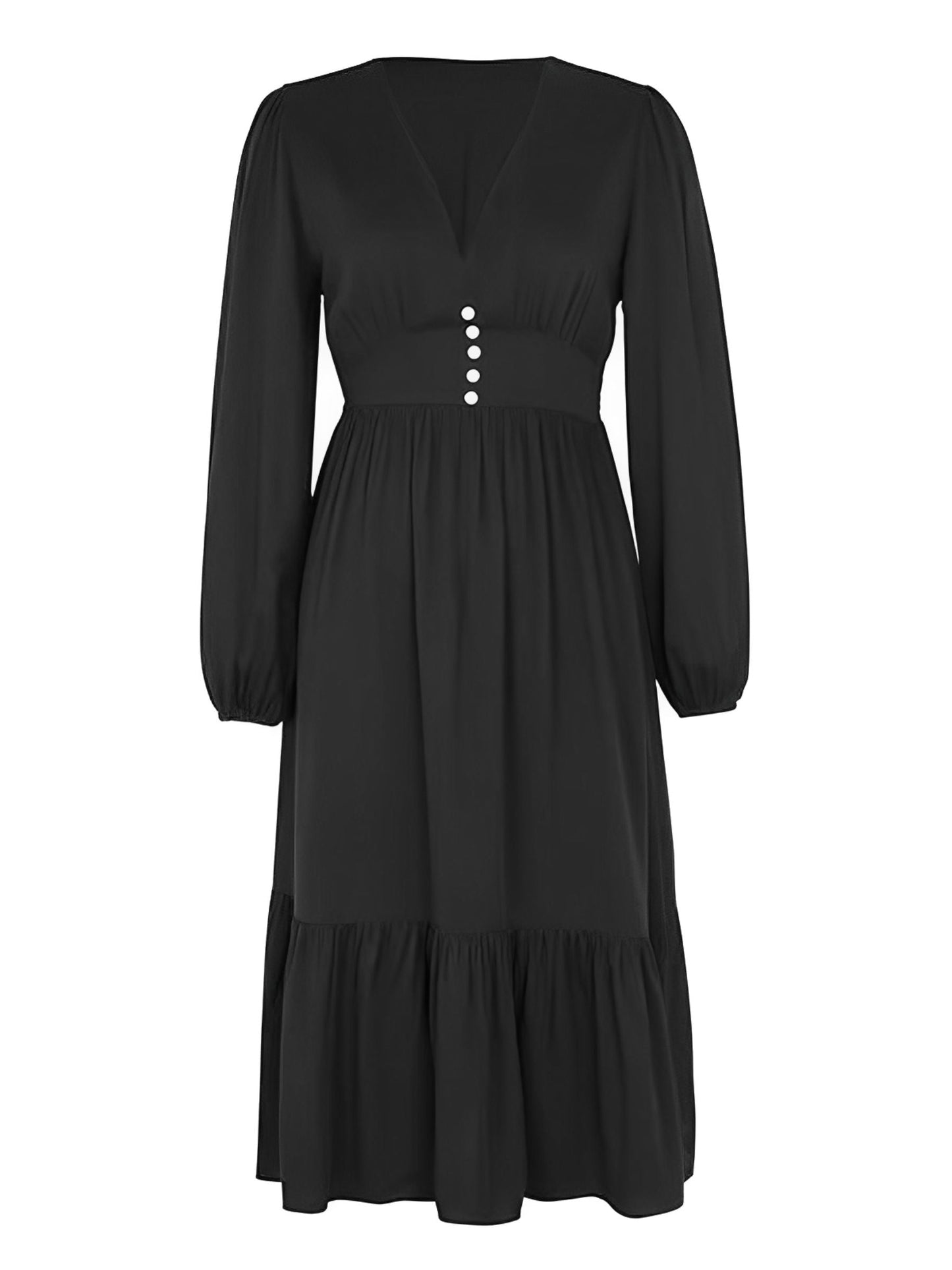 Black  V-Neck Puff Sleeve Solid Dress