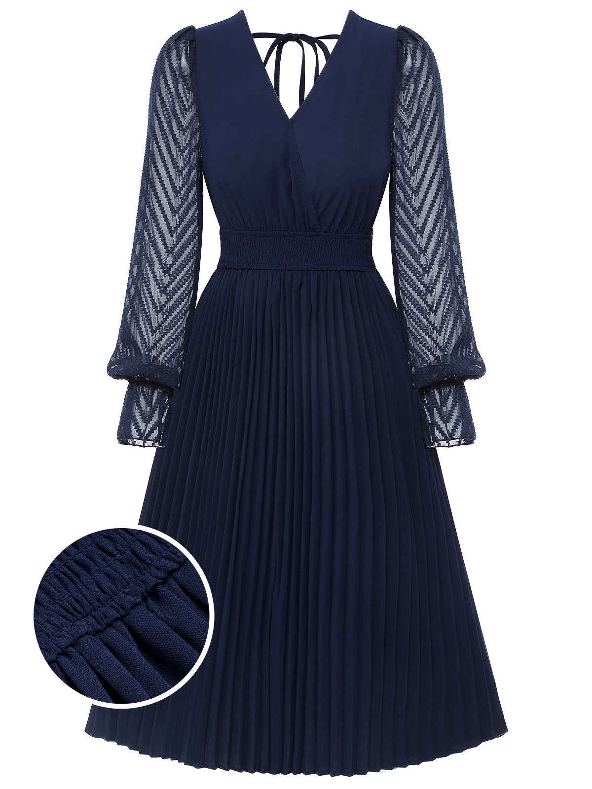 Dark Blue  Jacquard V-Neck Bishop Sleeve Dress