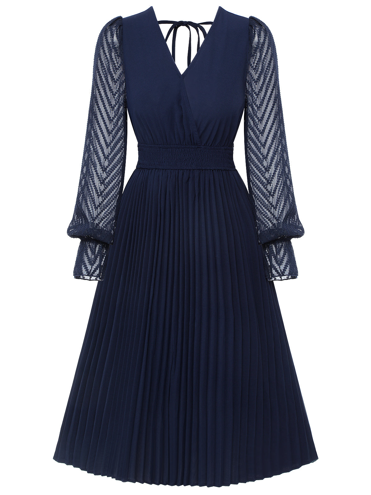 Dark Blue  Jacquard V-Neck Bishop Sleeve Dress