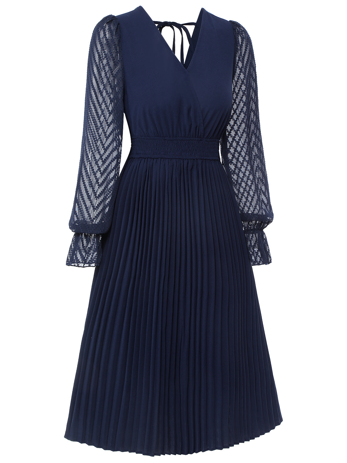 Dark Blue  Jacquard V-Neck Bishop Sleeve Dress