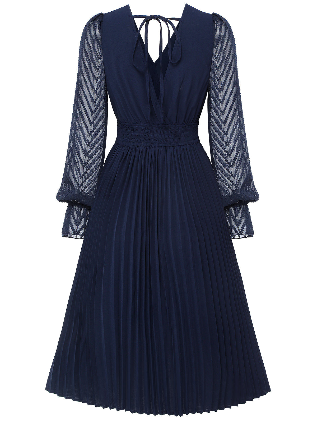 Dark Blue  Jacquard V-Neck Bishop Sleeve Dress