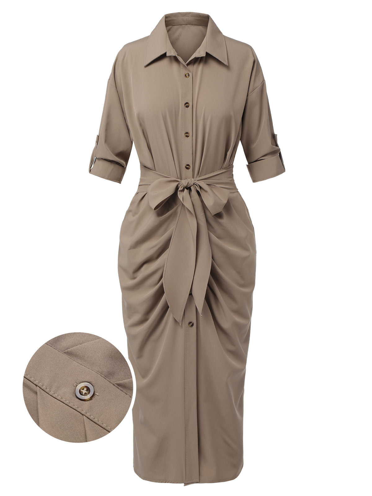 Khaki  Solid Fold Pleated Lapel Dress