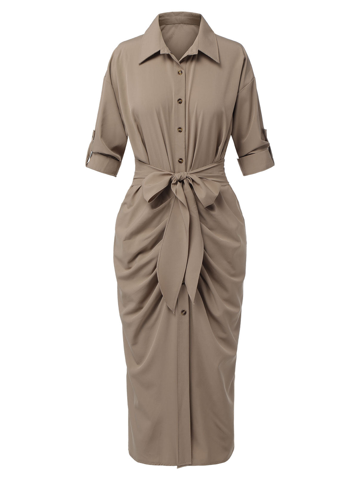 Khaki  Solid Fold Pleated Lapel Dress