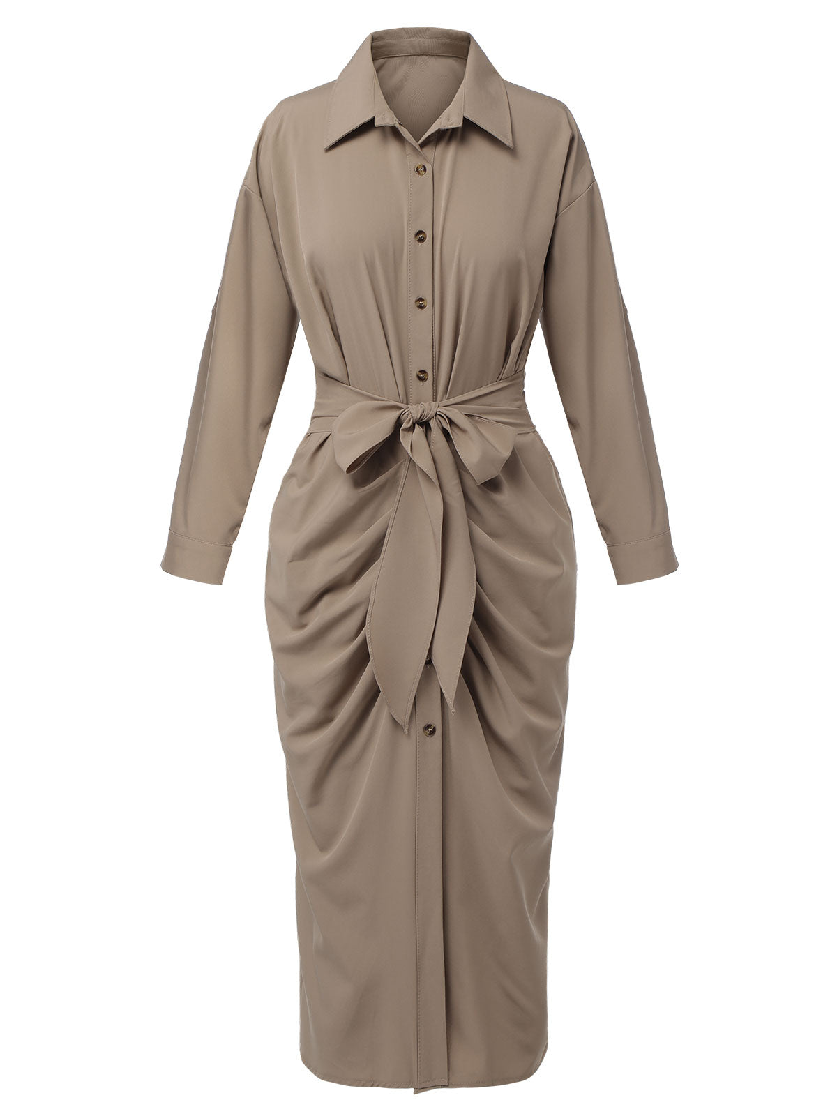 Khaki  Solid Fold Pleated Lapel Dress