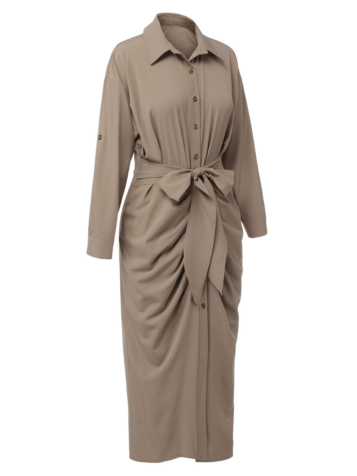 Khaki  Solid Fold Pleated Lapel Dress