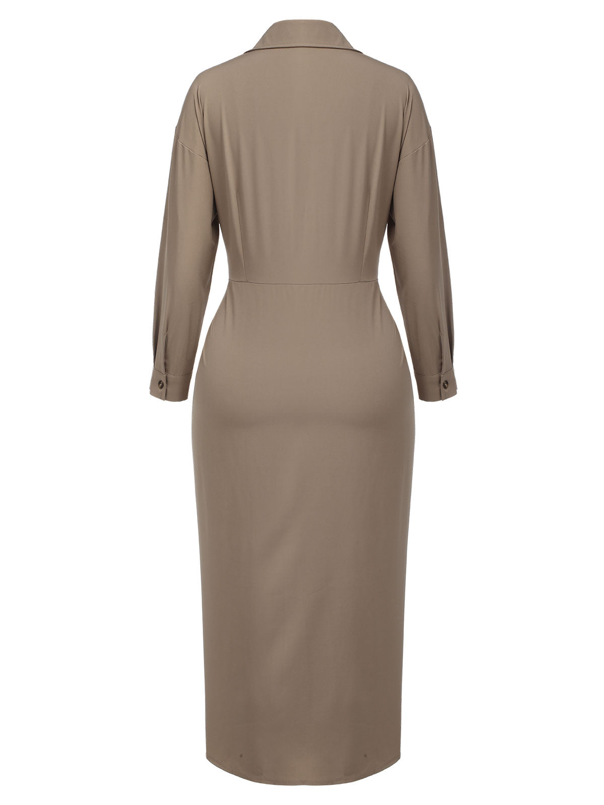 Khaki  Solid Fold Pleated Lapel Dress