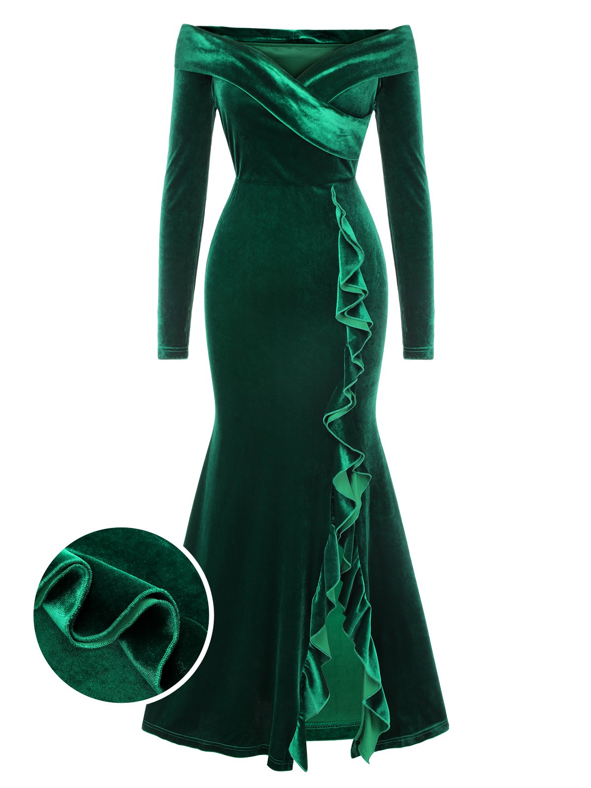 Green Velvet Off-Shoulder Ruffle-Trim Mermaid Dress