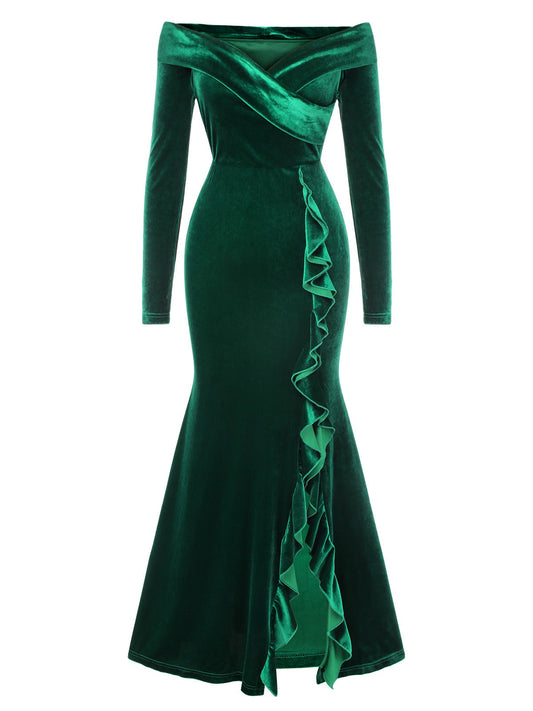 Green Velvet Off-Shoulder Ruffle-Trim Mermaid Dress