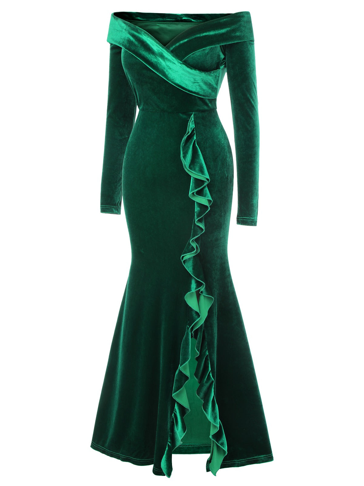 Green Velvet Off-Shoulder Ruffle-Trim Mermaid Dress