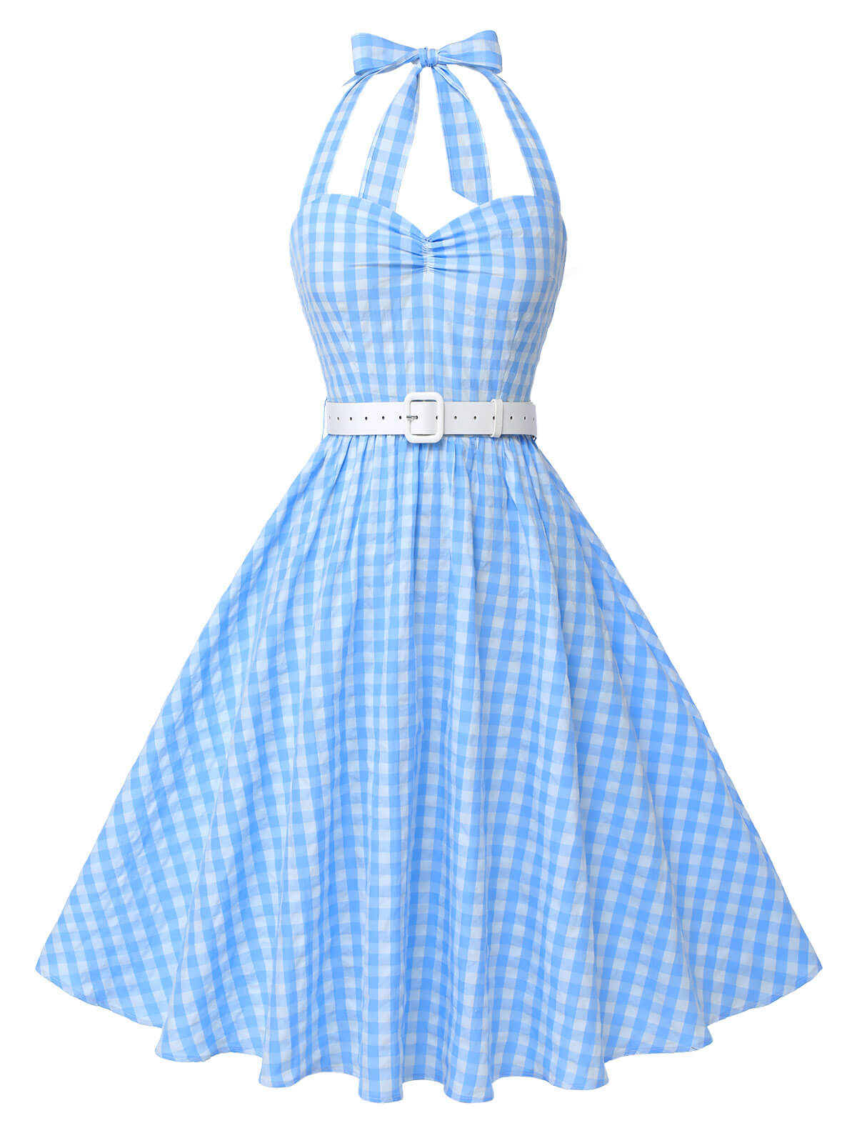 Light Blue Plaid Halter Swing Dress