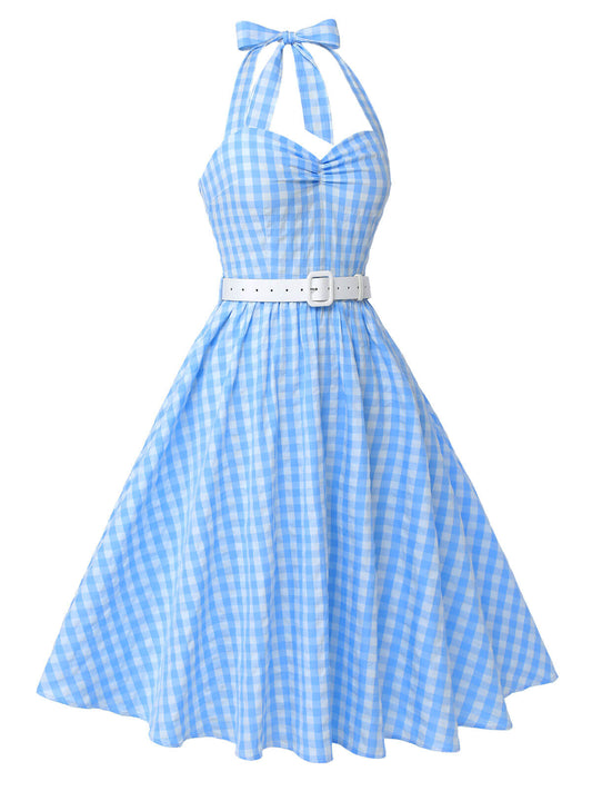 Light Blue Plaid Halter Swing Dress