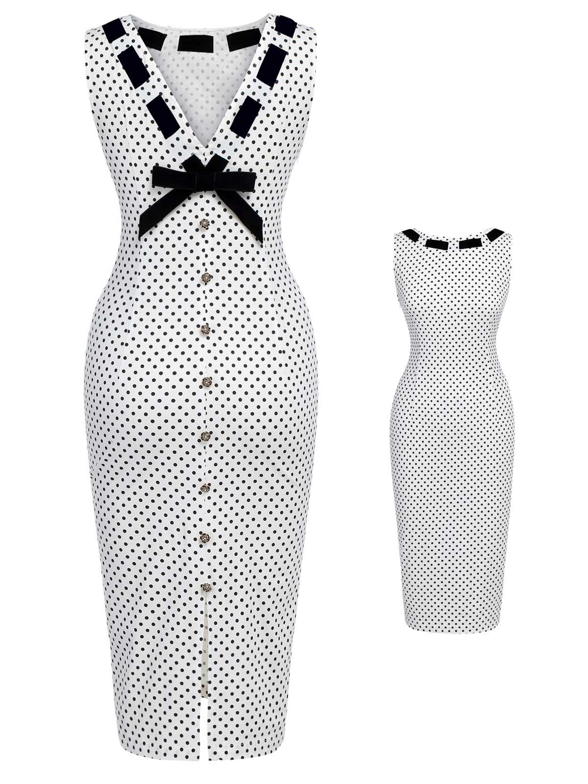 White  Polka Dot Button Pencil Dress