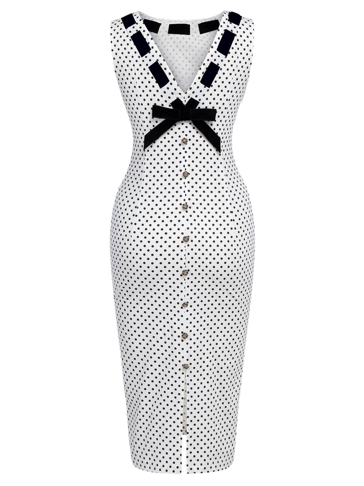 White  Polka Dot Button Pencil Dress