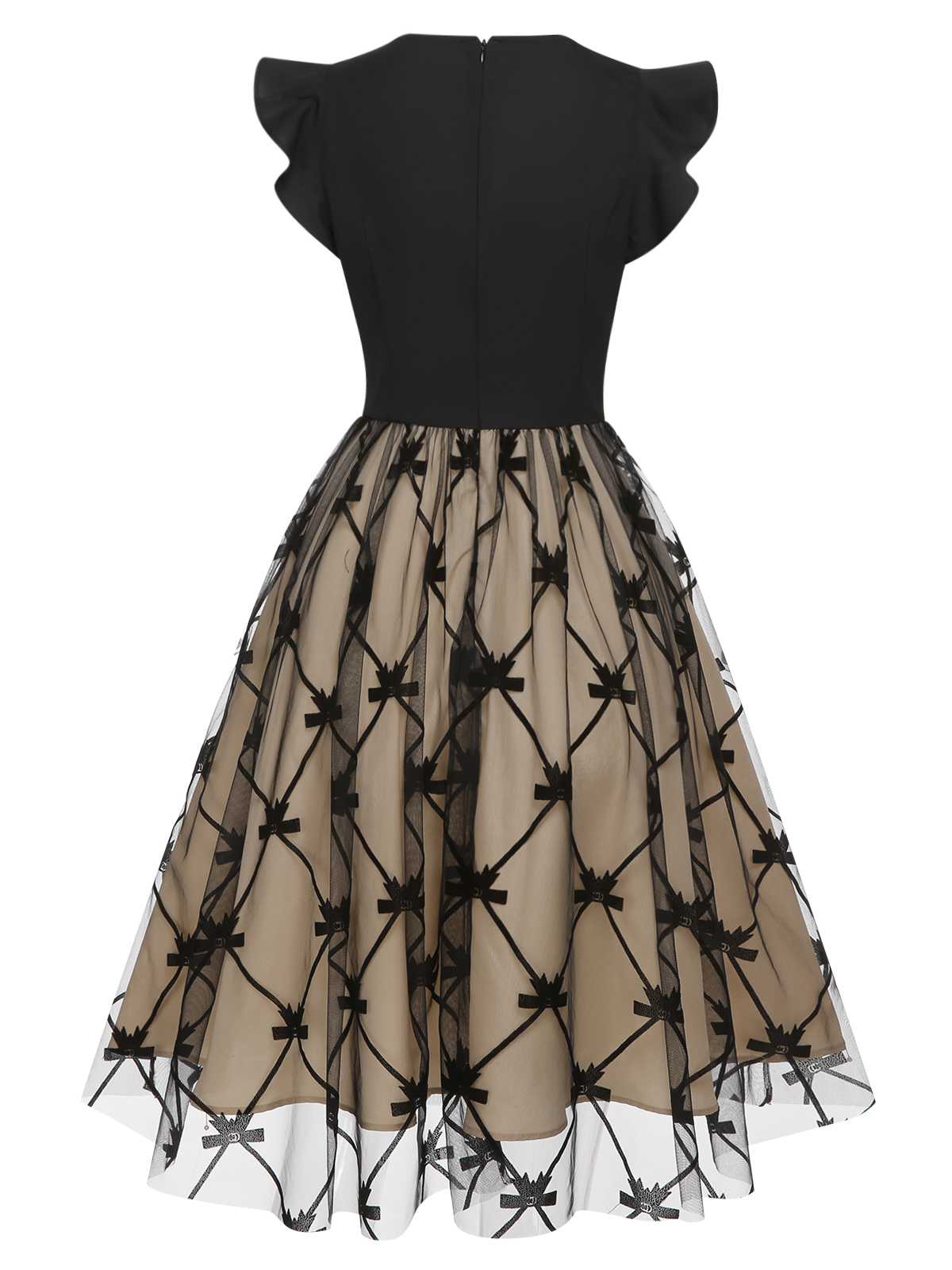 Black V-Neck Bow Mesh Dress