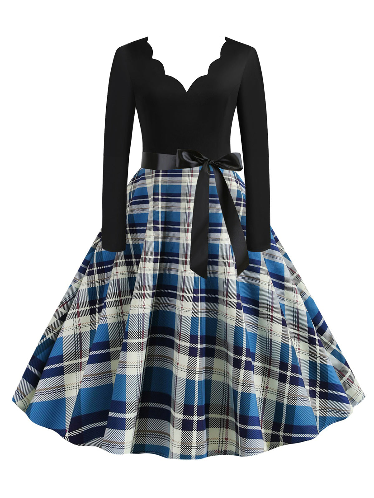 V-Neck Long Sleeves Plaid Swing Dress