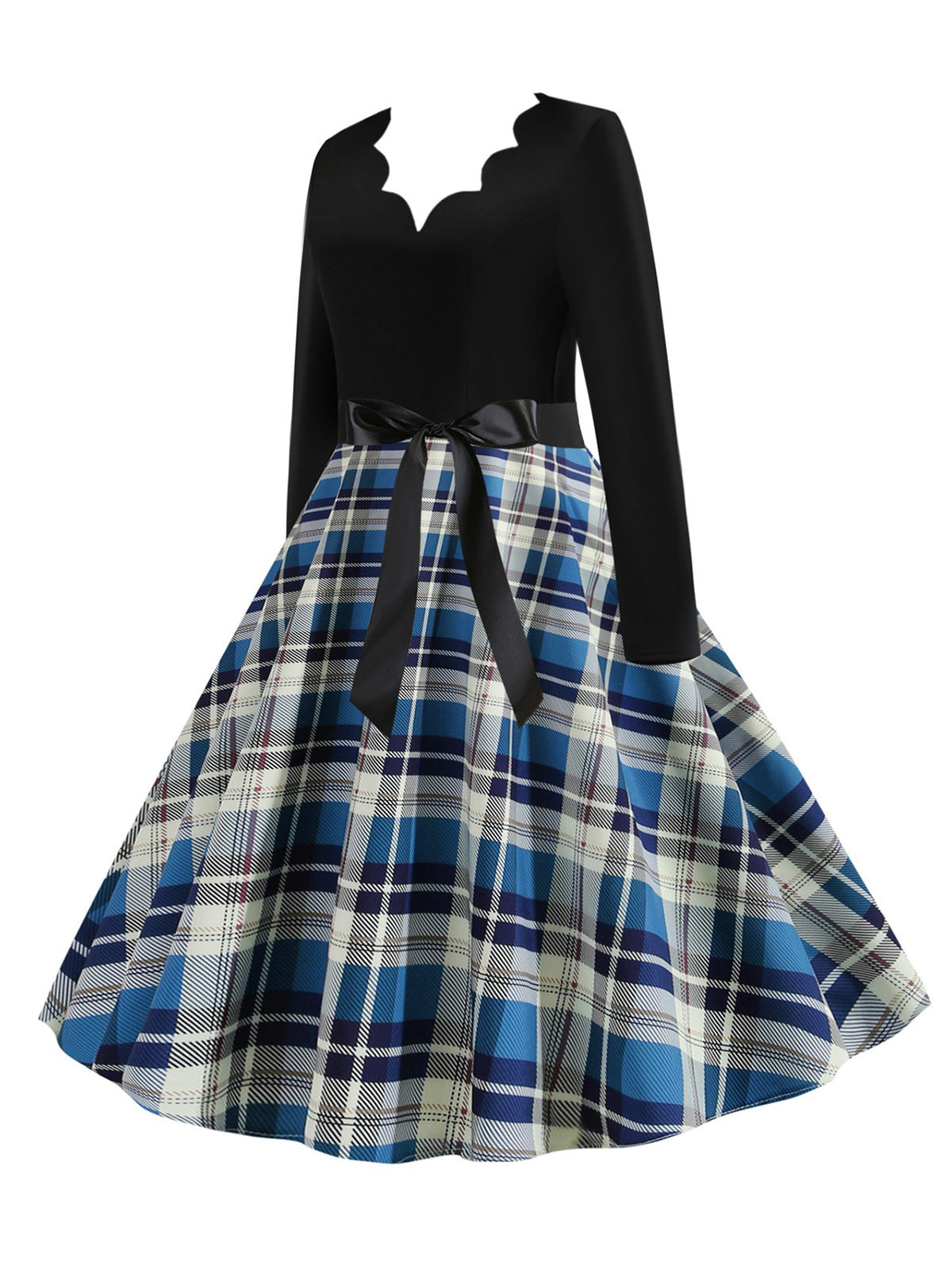 V-Neck Long Sleeves Plaid Swing Dress