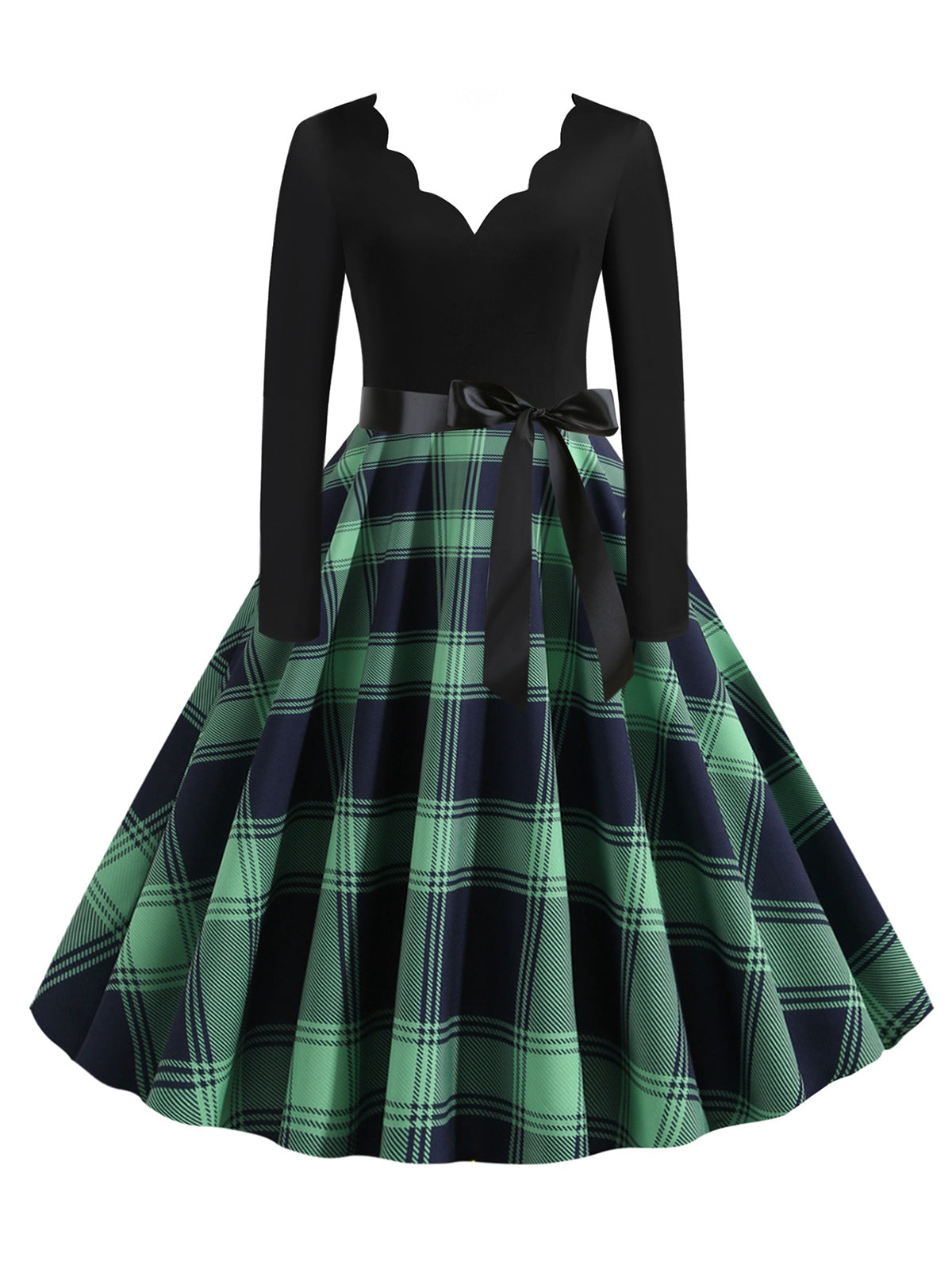 V-Neck Long Sleeves Plaid Swing Dress