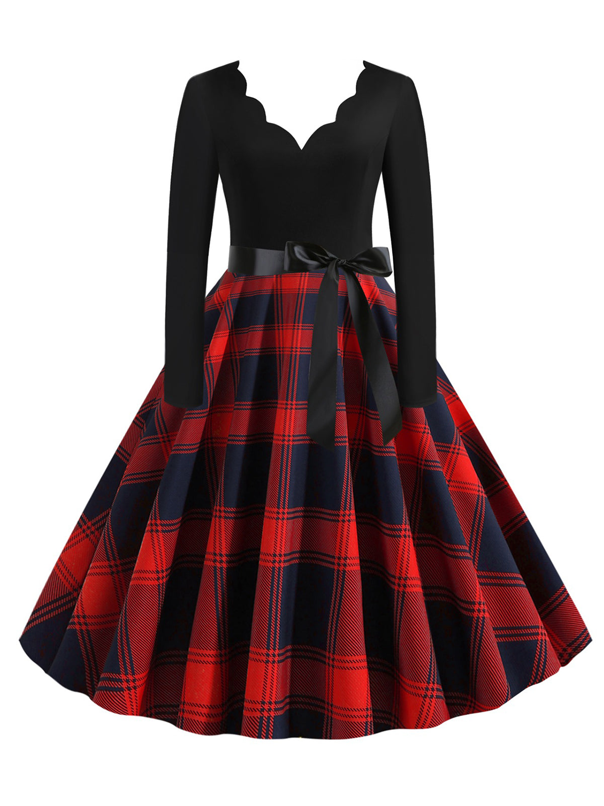 V-Neck Long Sleeves Plaid Swing Dress