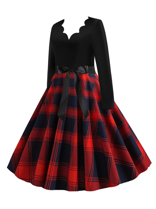 V-Neck Long Sleeves Plaid Swing Dress