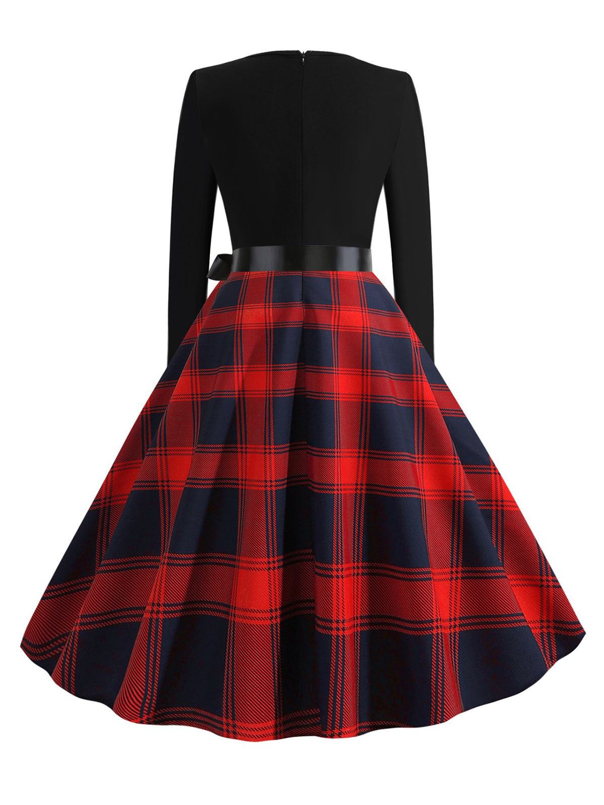 V-Neck Long Sleeves Plaid Swing Dress