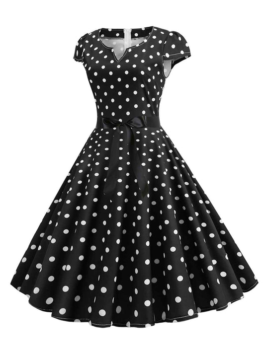 Cap Sleeve Polka Dot Belted Dress