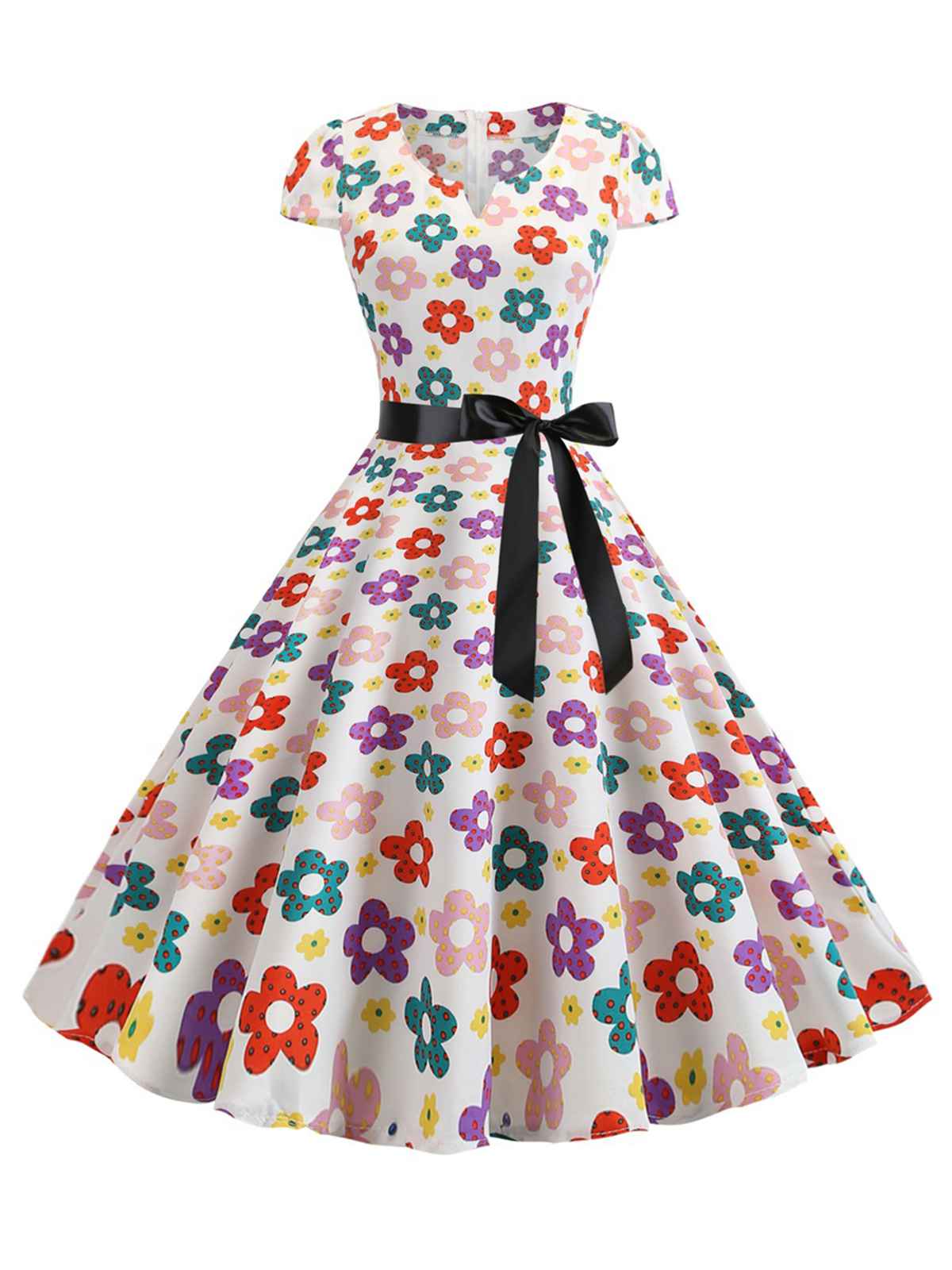 Cap Sleeve Polka Dot Belted Dress