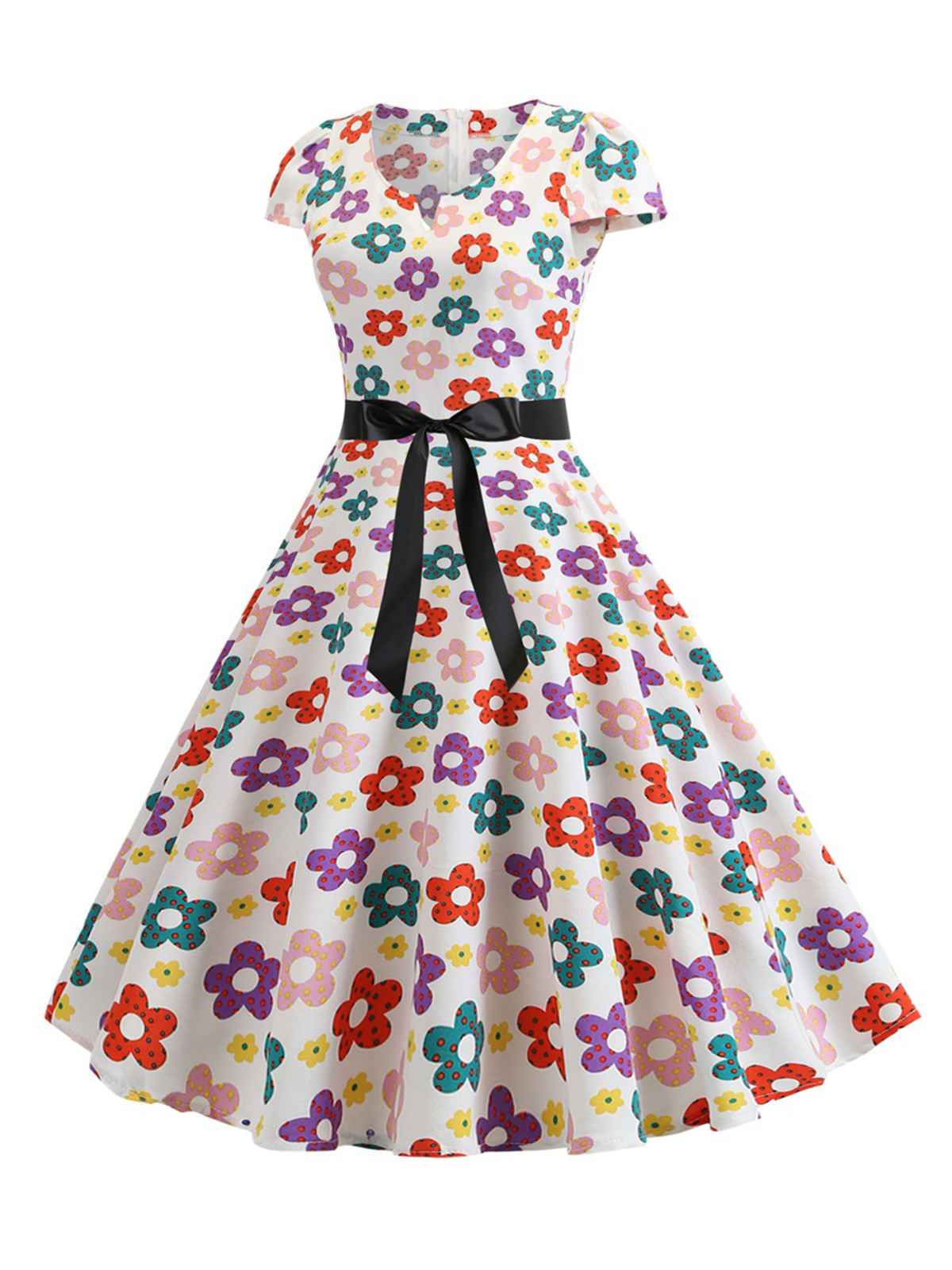 Cap Sleeve Polka Dot Belted Dress