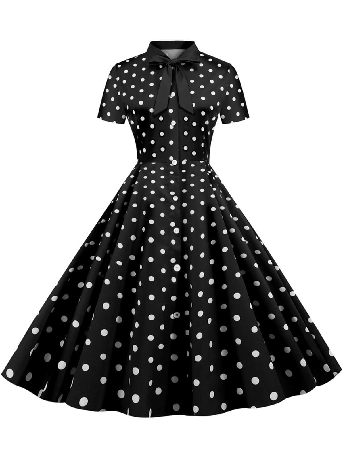 Bow Collar Striped Dots Swing Dress