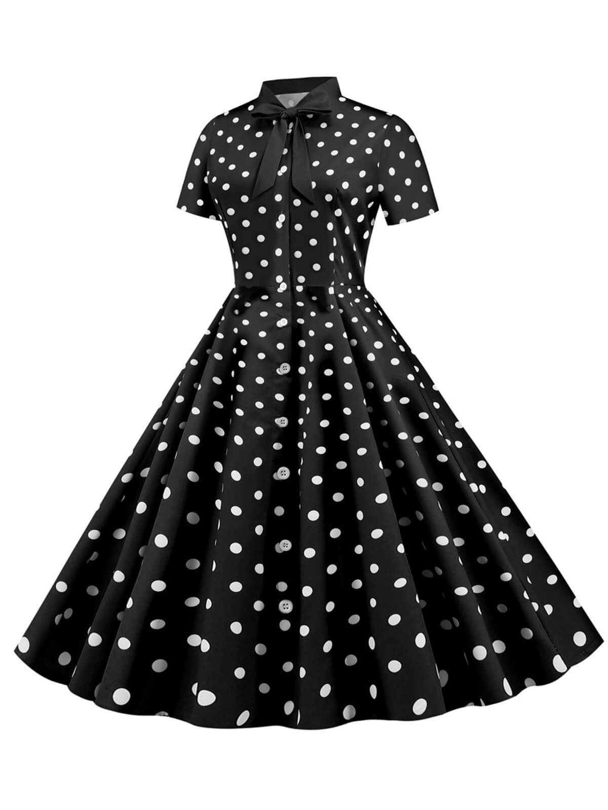 Bow Collar Striped Dots Swing Dress