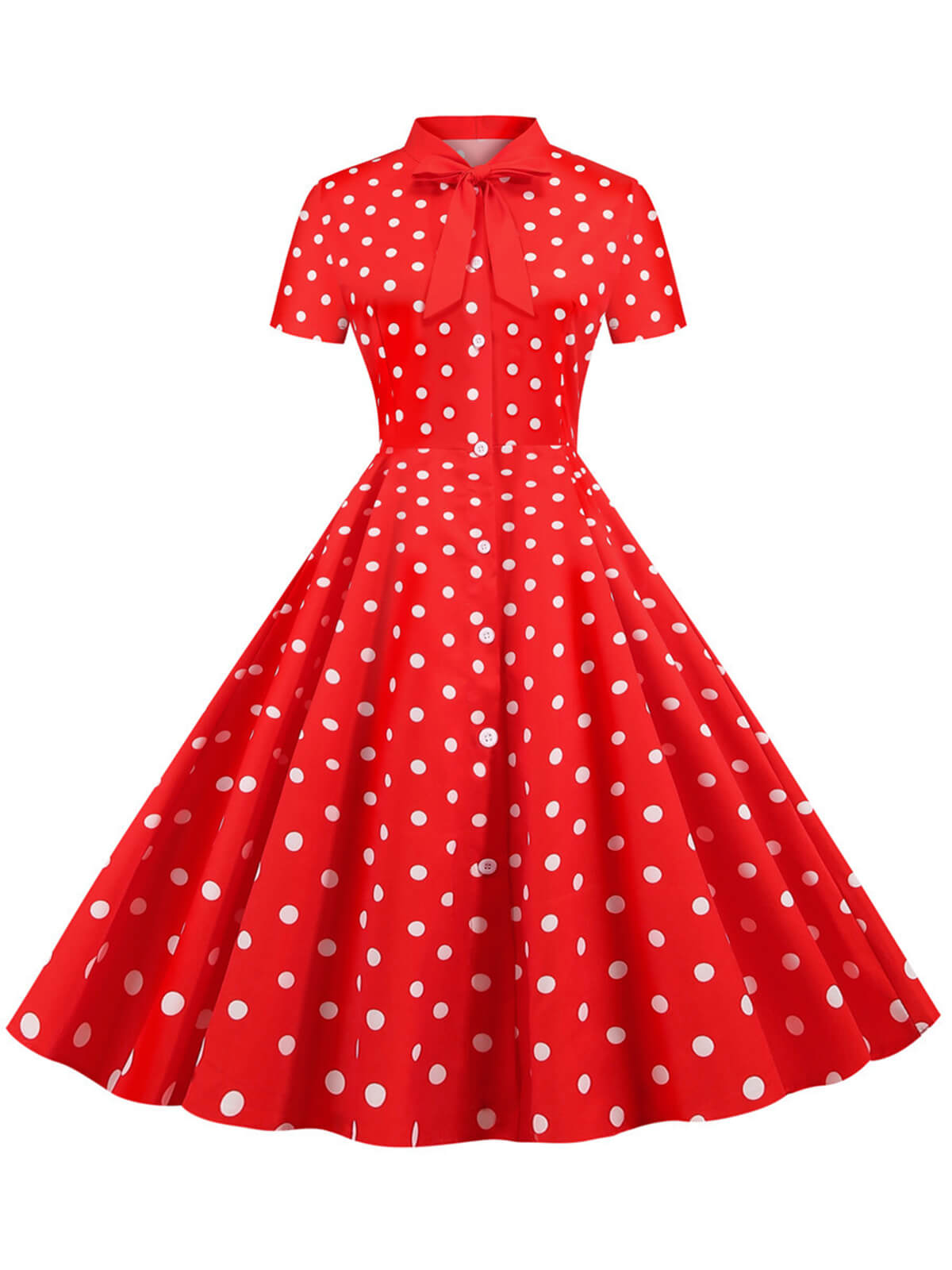 Bow Collar Striped Dots Swing Dress