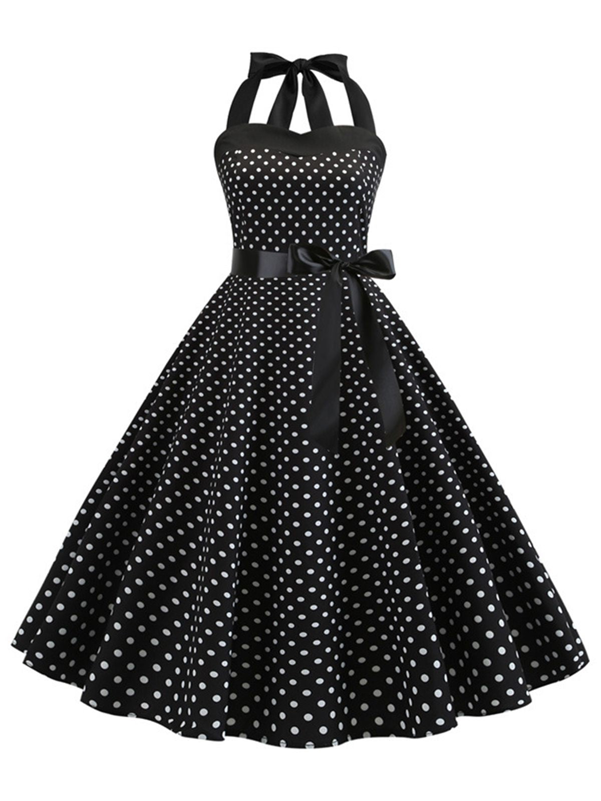 Polka Dot Bow Tie Halter Swing Dress