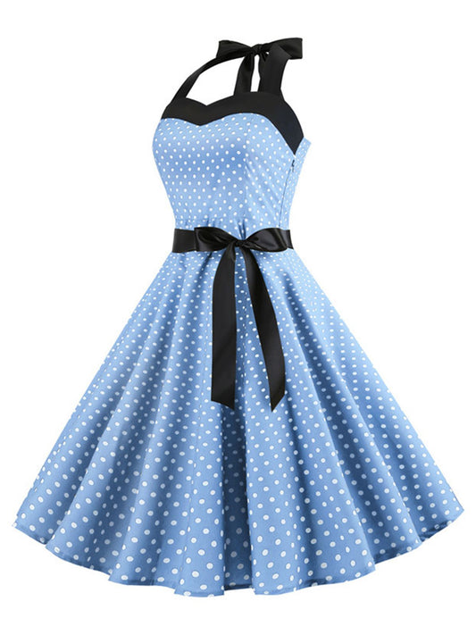 Polka Dot Bow Tie Halter Swing Dress